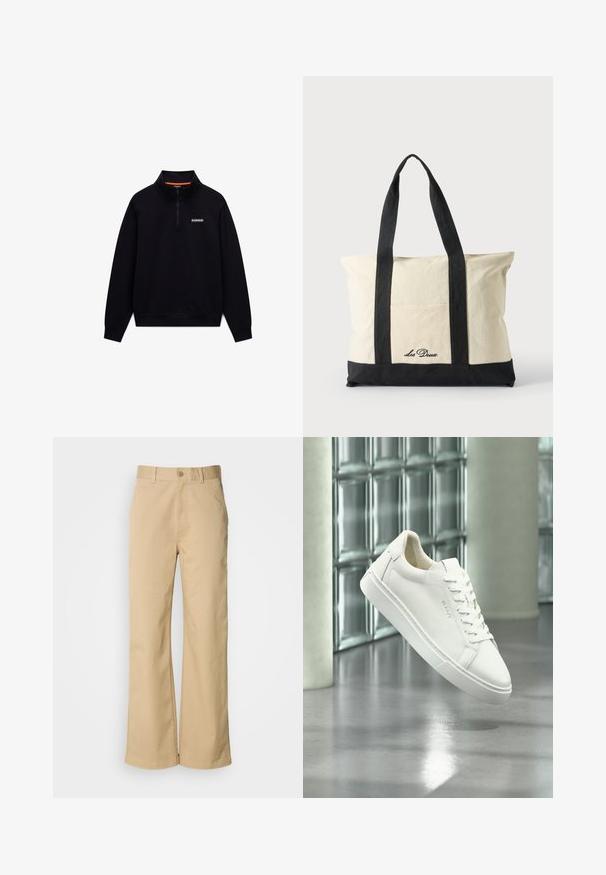 Schwarzer langärmeliger Quarter-Zip-Sweatshirt mit hohem Kragen und kleinem weißen Logo auf der linken Brust vor weißem Hintergrund.; Beige, weit geschnittene Hosen aus einer Baumwollmischung. Mit einem Knopfverschluss und Gürtelschlaufen. Glatte Textur mit minimalen Nähten.; Weißer Low-Top-Sneaker mit Schnürsenkeln, der über einem reflektierenden Betonboden vor einer Wand aus Glasbausteinen schwebt.; Canvas-Tragetasche mit langen schwarzen Griffen, schwarzem Bodenbesatz und Fronttasche mit "Les Deux" Logo in schwarzer Schrift.