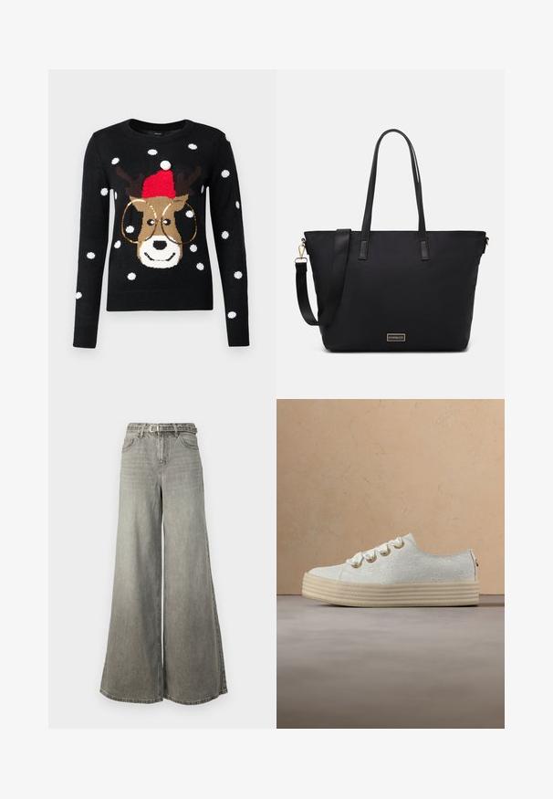 Musta neule, jossa on porokuvio punaisella hatulla, valkoisella pompomilla ja kultaisilla silmillä. Korostettu valkoisilla lumihiutaleilla.; Vero Moda Tall VMANNET WIDE BELT - Leveälahkeiset - medium grey denim; Valkoinen kukkakirjailtu lenkkari paksulla beige pohjalla ja suurilla satiininauhoilla, leijuu sisätiloissa puisen sohvapöydän lähellä, jolla on kirjoja.; Musta kassi, jossa on sileä nylon-pinta, pitkä nahkahihna, irrotettava olkahihna ja kultainen logo-plaatti.