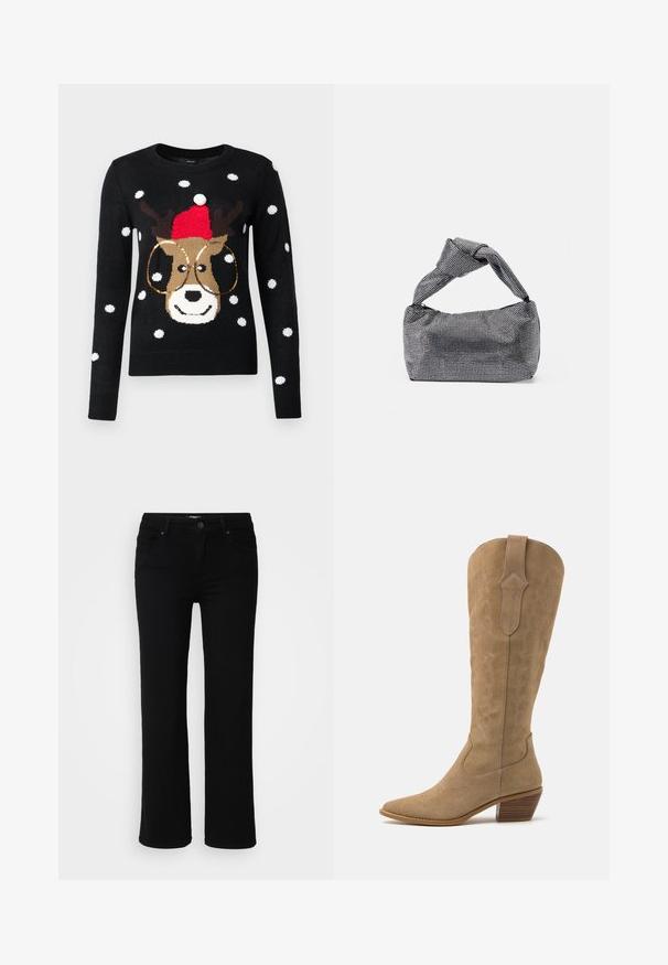 Pull noir avec un motif de renne portant un chapeau rouge, un pompon blanc et des lunettes dorées. Agrémenté de motifs de flocons de neige blancs.; Pantalons en denim noir avec une coupe droite, présentant une fermeture éclair et un bouton, poches avant et arrière, texture lisse.; Bottes de cowboy en daim beige avec un bout pointu, une tige de hauteur intermédiaire et des coutures décoratives sur les côtés. Présente un talon en bois empilé.; Sac à main noir et argent avec une surface texturée affichant un motif en diamant, une anse nouée et une forme structurée.
