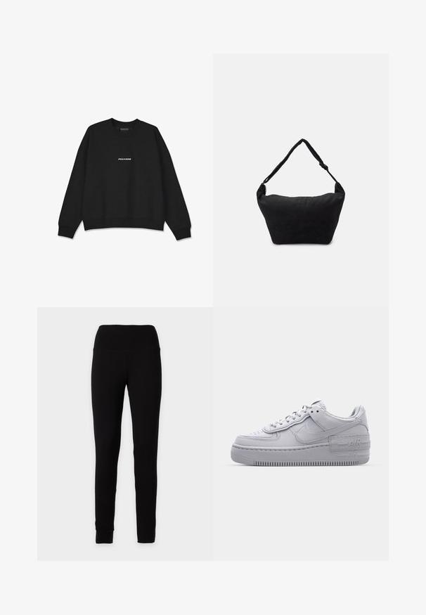 Sort sweatshirt med rund halsudskæring og ribbede manchetter. Har hvid "PEGADOR" logo på fronten. Lavet af blødt stof med en afslappet pasform.; Enkle sorte højtaljede leggings med tætsiddende silhuet og ankellange ben vist på en neutral baggrund.; Grå Nike Air Force 1 sneakers med perforeret tå, glat læderoverdel, tyk sål og præget 'AIR' detalje på hælen.; Sort stof skuldertaske med en blød tekstureret overflade, rund form og en enkelt rem. Minimalistisk design uden synligt hardware eller accenter.