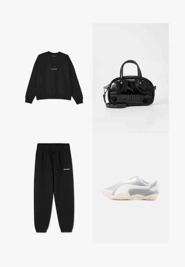 Zwarte sweatshirt met een ronde hals en ribgebreide manchetten. Voorzien van een wit "PEGADOR" logo op de voorkant. Gemaakt van zachte stof met een ontspannen pasvorm.; Zwarte sweatpants van zacht materiaal, met een verstelbare tailleband, taps toelopende benen en zijzakken. "PEGADOR" logo in het wit op de voorkant.; Sportschoen in lichtgrijs suede met witte leren accenten. Heeft een gestructureerde zool met kleine spikes voor grip. Instapontwerp.; Zwarte lakleren handtas met dubbele handvatten aan de bovenkant, afneembare schouderriem, ronde vorm en opvallend gegraveerd "PUMA" logo.