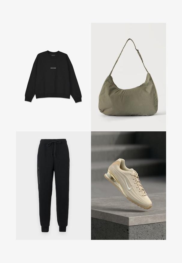 Schwarzer Pullover mit Rundhalsausschnitt und gerippten Bündchen. Verfügt über ein weißes "PEGADOR"-Logo auf der Vorderseite. Hergestellt aus weichem Stoff mit lockerer Passform.; Schwarze Sweatpants mit einem Kordelzugbund, seitlichem Reißverschlusstaschen und schmal zulaufenden Säumen. Hergestellt aus weichem, strukturiertem Stoff.; Beiger Nike-Turnschuh mit strukturiertem Obermaterial, weißem Swoosh-Logo, Schnürsenkeln und luftgepolsterter Sohle, der über einer Betonkante schwebt.; Olivgrüne weiche Stoff-Schultertasche mit Reißverschluss und verstellbarem Tragegurt vor einfarbig hellem Hintergrund.