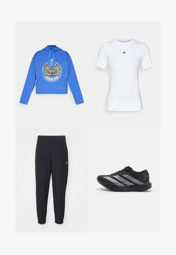 Blauwe cropped hoodie met vlinder- en groene plantgrafiek, "Adidas"-logo en "Farm Rio"-tekst aan de voorkant, met een capuchon en trekkoorden.; Witte sportshirt met korte mouwen, gemaakt van zachte, rekbare stof. Voorzien van een klein zwart Adidas-logo op de borst.; Zwarte sportbroek gemaakt van een gladde stof. Tapervormig ontwerp met elastische boorden. Voorzien van een klein wit logo op de linkerheup.; Zwarte hardloopschoen met zilveren strepen, dikke gedempte zool met het label "Lightstrike Pro," zijaanzicht op witte achtergrond.