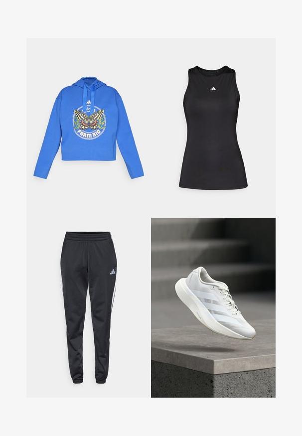 Modrá skrátená mikina s kapucňou s grafikou motýľa a zelenej rastliny, logom "Adidas" a textom "Farm Rio" na prednej strane, s kapucňou so sťahovacími šnúrkami.; Čierny bezrúškový športový top z hladkej látky. Disponuje okrúhlym výstrihom a malým bielym logom Adidas na hrudi.; Čierne športové nohavice s elastickým pásom, zúženými nohavicami a bielymi bočnými pruhmi. Na ľavom stehne je malé šedé logo trefoil.; Biela športová obuv s textúrovaným zvrškom, tromi bočnými pruhmi, odpruženou podrážkou a zaoblenou špičkou, umiestnená nad betónovým povrchom.