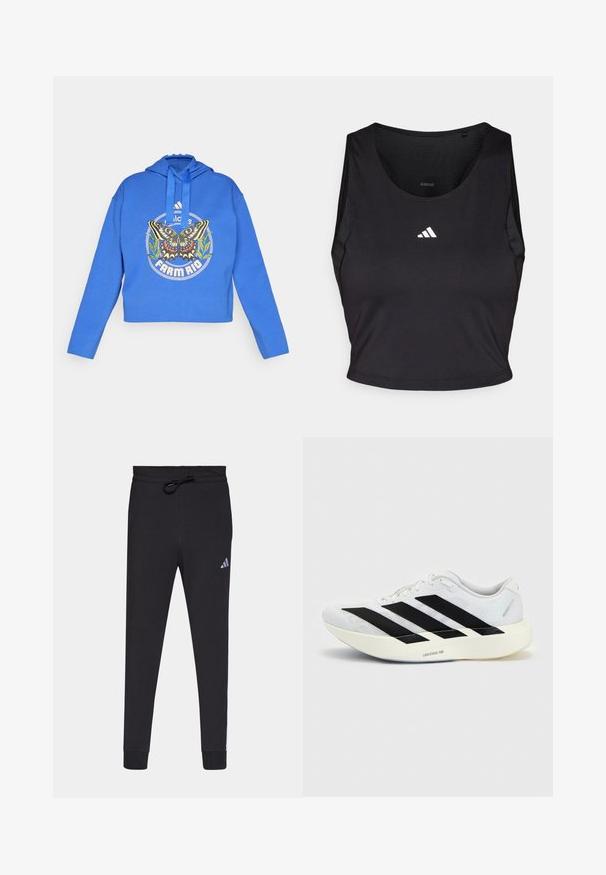 Blauwe cropped hoodie met vlinder- en groene plantgrafiek, "Adidas"-logo en "Farm Rio"-tekst aan de voorkant, met een capuchon en trekkoorden.; Zwarte sportcrop top gemaakt van vochtregulerende stof, met een ronde hals, mouwloos ontwerp en wit logo op de borst.; Zwarte sportbroek van zacht materiaal, met een tailleband met trekkoord, taps toelopende benen en een klein wit Adidas-logo op de linkerdij.; Witte hardloopschoen met zwart drie-strepen ontwerp aan de zijkant en dikke witte zool met label "Lightstrike Pro" op een effen achtergrond.