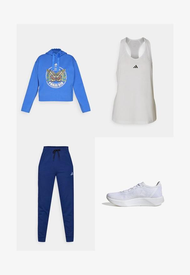 Modrá skrátená mikina s kapucňou s grafikou motýľa a zelenej rastliny, logom "Adidas" a textom "Farm Rio" na prednej strane, s kapucňou so sťahovacími šnúrkami.; Biely športový tielko vyrobené z ľahkej tkaniny, so športovým strihom a malým čiernym logom na hrudi.; Modré bavlnené tepláky s elastickým pásom, nastaviteľnou čiernou šnúrkou a malým bielym logom na ľavom stehne. Upravený strih.; Biele atletické topánky s priedušným sieťovým zvrškom, šnurovací dizajn, polstrovaný golier a textúrovaná gumová podrážka pre trakciu.