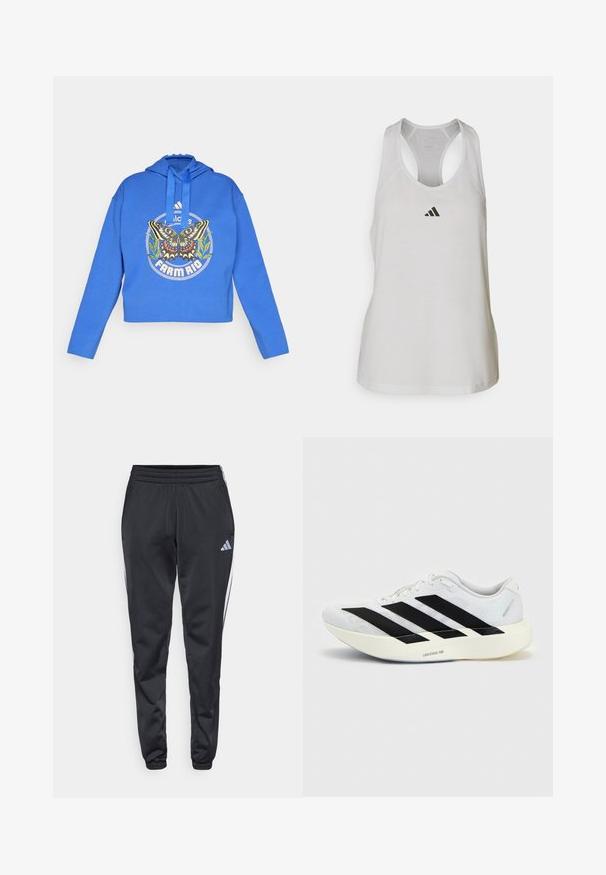 Sudadera corta azul con gráfico de mariposa y planta verde, logo de "Adidas" y texto "Farm Rio" en el frente, con capucha y cordones.; Camiseta deportiva blanca de tirantes, confeccionada en un tejido ligero, con un diseño de espalda cruzada y un pequeño logo negro en el pecho.; Pantalones deportivos negros con cinturilla elástica, piernas ajustadas y rayas blancas a los lados. Presenta un pequeño logo gris de trébol en el muslo izquierdo.; Zapatilla de running blanca con diseño negro de tres franjas en el lateral y suela blanca gruesa con la etiqueta "Lightstrike Pro" sobre fondo liso.