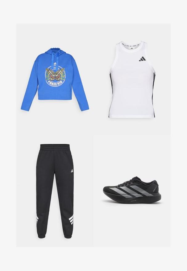 Blauwe cropped hoodie met vlinder- en groene plantgrafiek, "Adidas"-logo en "Farm Rio"-tekst aan de voorkant, met een capuchon en trekkoorden.; Witte sportieve tanktop met zwarte zijaccenten en logo. Heeft een ronde halslijn en een getailleerd design, gemaakt van lichtgewicht, ademend materiaal.; Zwarte sweatpants met een elastische tailleband, taps toelopende benen en een wit drie-strepenontwerp aan de zijkanten. Gemaakt van zachte stof.; Zwarte hardloopschoen met zilveren strepen, dikke gedempte zool met het label "Lightstrike Pro," zijaanzicht op witte achtergrond.
