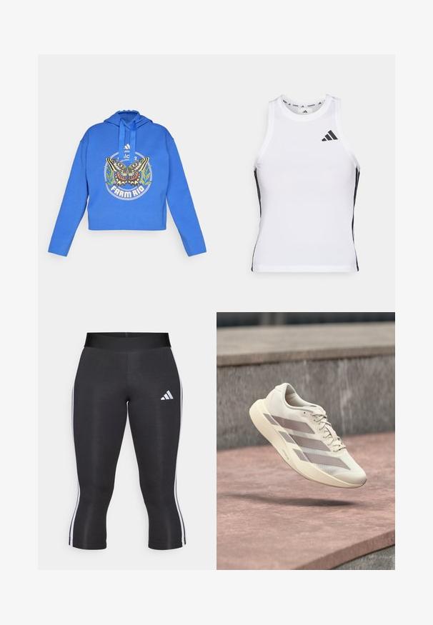 Modrá skrátená mikina s kapucňou s grafikou motýľa a zelenej rastliny, logom "Adidas" a textom "Farm Rio" na prednej strane, s kapucňou so sťahovacími šnúrkami.; Biely športový tielko s čiernymi bočnými akcentami a logom. Má výstrih v tvare lode a priliehavý strih, vyrobené z ľahkého, priedušného materiálu.; Čierne capri legíny s širokým pásom, so bielymi bočnými pruhmi a bielym logom Adidas na ľavom stehne. Hladká textúra.; Behajúca topánka krémovej farby s taupe pruhmi vznášajúca sa nad povrchom z červenohnedých dlaždíc a sivým kamenným pozadím.