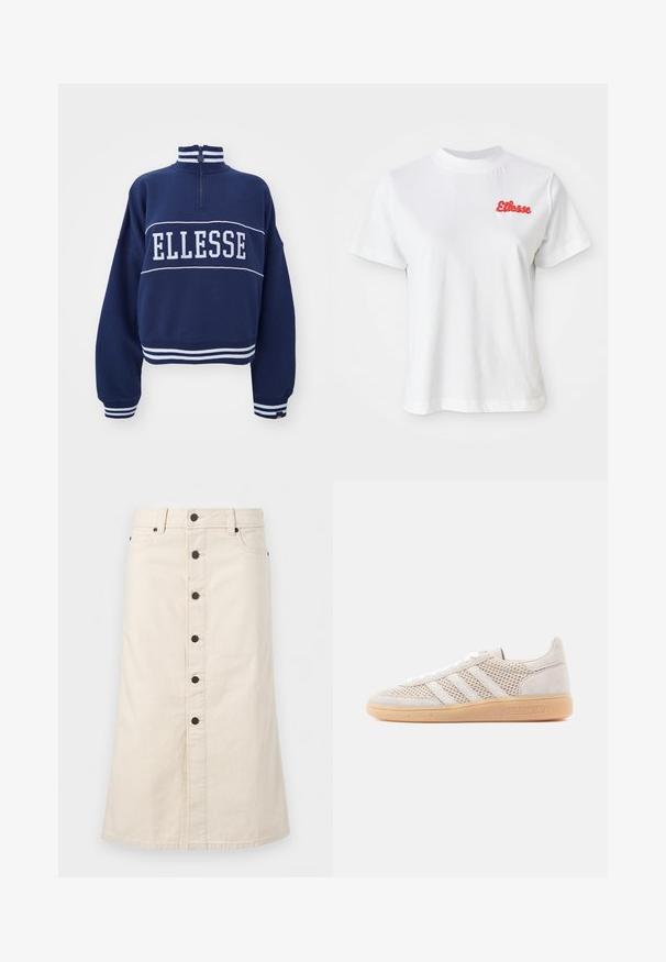 Ellesse SIONTO - Sweatshirt - navy; Hvid bomulds T-shirt med rund halsudskæring og korte ærmer. Har et rødt broderet logo på venstre brystområde.; Beige knælængde denimnederdel med sorte knapper foran, bæltestropper og sidelommer mod en ensfarvet hvid baggrund.; Lyse beige ruskindssneakers med meshdetaljer, tre hvide striber og en sål i gummigummi. Har snørelukning og mærkede accenter.