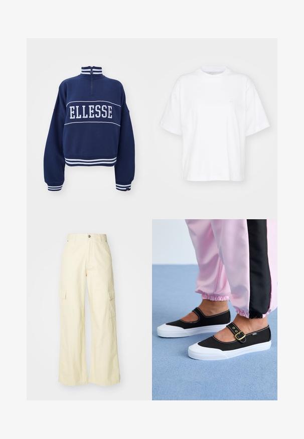 Ellesse SIONTO - Sweatshirt - navy; Hvid bomulds t-shirt med rund hals, korte ærmer og en afslappet pasform. Har et diskret logo på venstre brystområde. Glat tekstur.; Løse cargo-bukser i lys gul bomuld. Har to sidelommer og knappelukning. Glat tekstur med en afslappet pasform.; Sorte lærredssko med en hvid sål, der har et udskæringsdesign og et guldspænde. Bæret med lyserøde træningsbukser.