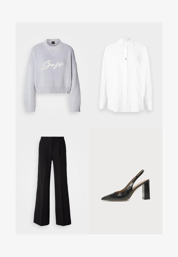 Lys grå cropped sweater med ribbet tekstur, brede ærmer og en strikket rund halsudskæring. Har den hvide "Boss" logo på forsiden.; Hvid langærmet skjorte lavet af glat stof, med spidse kraver, knaplukning foran og en lille logo detalje nær midten.; Sorte bukser lavet af glat stof, med høj talje, bred ben silhuet og to frontfolder for ekstra design detaljer.; Sort læder peep-toe slingback sko med høj blokhæl og beige indvendig foring mod en ensfarvet lys baggrund.
