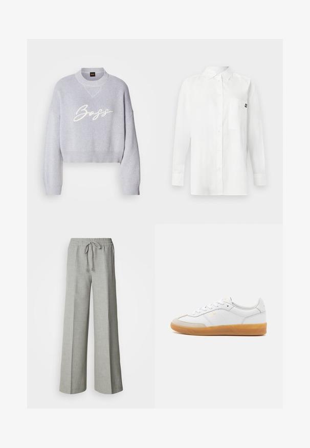 Lys grå cropped sweater med ribbet tekstur, brede ærmer og en strikket rund halsudskæring. Har den hvide "Boss" logo på forsiden.; Hvid langærmet skjorte lavet af bomuldsblandingsstof, med en button-down krave, brystlomme og et lille sort logo på brystet.; Lysegrå bukser med brede ben, elastisk taljebånd med snøre, forlommer og et subtilt tekstureret stof.; Hvide lædersneakers med beige ruskindsdetaljer, gummisål og snøredesign. Har diskret branding i guld.