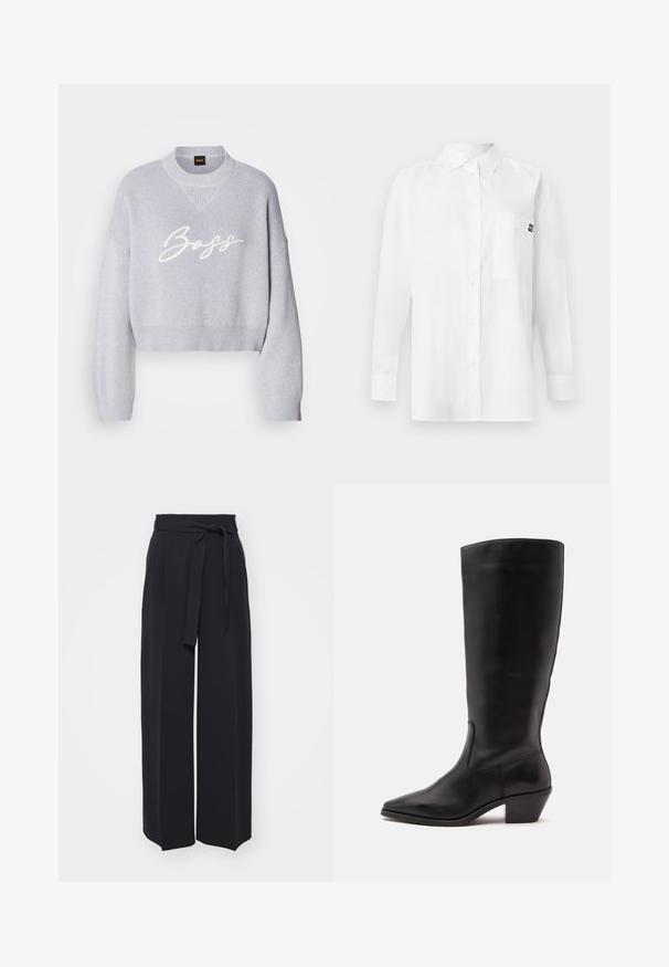 Suéter corto de color gris claro con textura de canalé, mangas anchas y cuello redondo de punto. Presenta el logotipo blanco "Boss" en la parte delantera.; Camisa blanca de manga larga hecha de una mezcla de algodón, con cuello abotonado, bolsillo frontal y un pequeño logo negro en el pecho.; Pantalones negros de pierna ancha hechos de una tela suave. Presentan una cintura con cinturón y pliegues en la parte delantera. Textura suave con un diseño limpio y contemporáneo.; Bota de cuero negra hasta la mitad de la pantorrilla con puntera puntiaguda y tacón bajo inclinado sobre un fondo claro y liso.