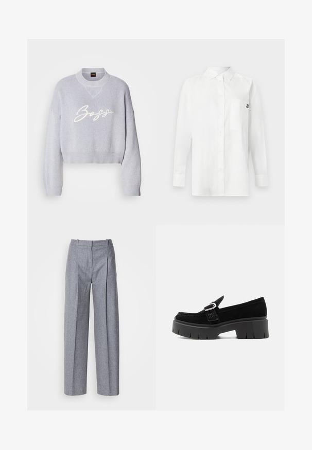 Lys grå cropped sweater med ribbet tekstur, brede ærmer og en strikket rund halsudskæring. Har den hvide "Boss" logo på forsiden.; Hvid langærmet skjorte lavet af bomuldsblandingsstof, med en button-down krave, brystlomme og et lille sort logo på brystet.; Lys grå bredbenede bukser i et struktureret stof, med plisseringer foran og en skræddersyet talje. Minimalistisk design, ingen synlig hardware.; Sort ruskindslipper med kraftig sål, sølvspænde og præget "HUGO" på sidesnoren, vist fra ydersiden.