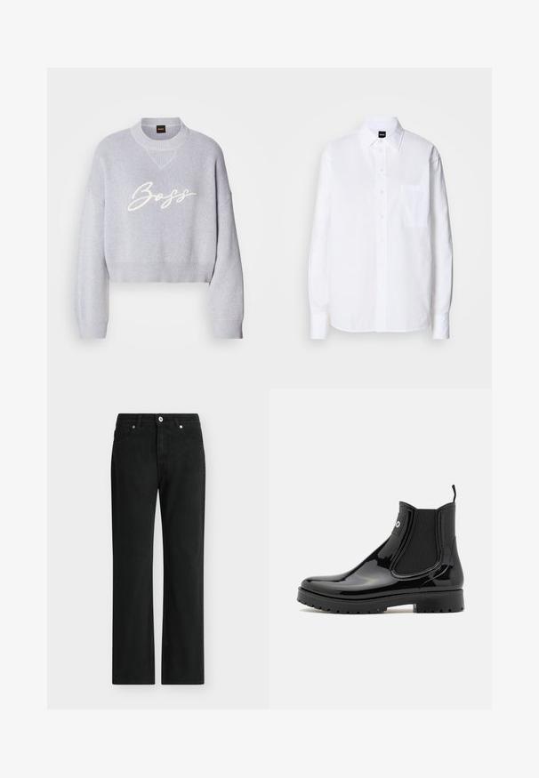 Lys grå cropped sweater med ribbet tekstur, brede ærmer og en strikket rund halsudskæring. Har den hvide "Boss" logo på forsiden.; Hvid skjorte med knapper lavet af bomuld, med klassisk krave, lange ærmer, en brystlomme og en glat, sprød tekstur.; Sorte jeans med lige ben, foran med knap og lynlås, design med fem lommer og bæltestropper.; HUGO TABITA - Gummistøvler - black