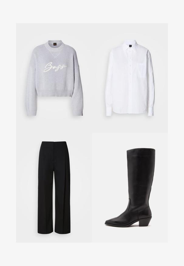 Suéter corto de color gris claro con textura de canalé, mangas anchas y cuello redondo de punto. Presenta el logotipo blanco "Boss" en la parte delantera.; Camisa blanca de botón hecha de algodón, con cuello clásico, mangas largas, un bolsillo en el pecho y una textura suave y crujiente.; Pantalones negros de tiro alto y pierna ancha con cierre frontal oculto, costuras entalladas y una tela suave y estructurada.; Bota de cuero negra hasta la mitad de la pantorrilla con puntera puntiaguda y tacón bajo inclinado sobre un fondo claro y liso.