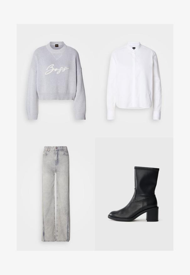 Lys grå cropped sweater med ribbet tekstur, brede ærmer og en strikket rund halsudskæring. Har den hvide "Boss" logo på forsiden.; Hvid skjorte med krave, front placket, lange ærmer og knapmanchetter. Lavet af glat bomuldsstof med en struktureret pasform.; Lyseblå vid-leg jeans lavet af denim med en falmet vask, der har lynlås, fem lommer og kontraststikning.; Sort læder ankelstøvle med rund tå, glat tekstur og en grov hæl, der har et tætsiddende skaft og subtil syning.