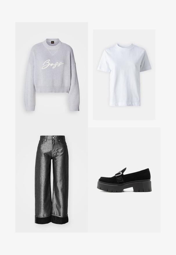Suéter corto de color gris claro con textura de canalé, mangas anchas y cuello redondo de punto. Presenta el logotipo blanco "Boss" en la parte delantera.; T-shirt de algodón blanco con cuello redondo, mangas cortas, corte recto y textura suave. Sin patrones ni adornos.; Jean de pierna ancha en denim gris metálico oscuro con una textura suave. Presenta un puño de denim negro y cierre de botón estándar con lazos para cinturón.; Mocasín de ante negro con suela gruesa de tacos, detalle de hebilla plateada y "HUGO" en relieve en la correa lateral, mostrado desde el lado exterior.