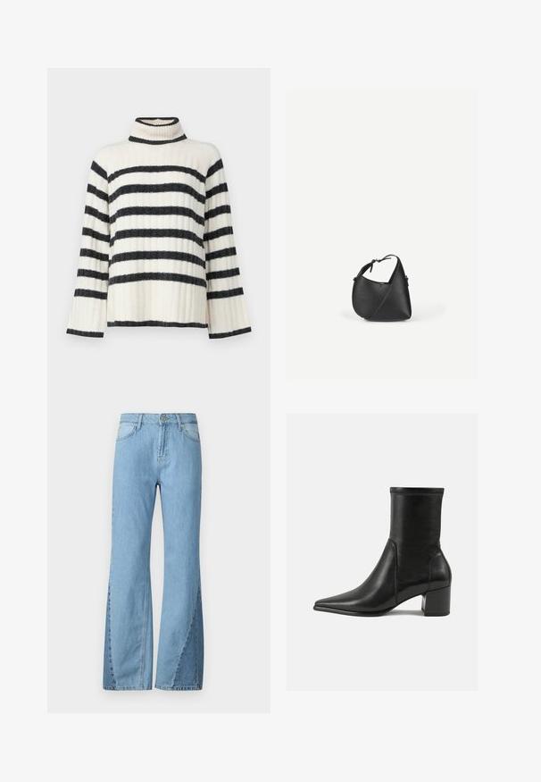 Pull de cou haut à rayures en crème et noir, avec une texture côtelée, des manches larges et un col haut. Rayures horizontales sur le corps.; Jean en denim bleu clair évasé, avec une taille haute, des détails de couture latérale et un design classique à cinq poches.; Bottine noire en cuir lisse, avec un bout pointu, un talon carré et des coutures surélevées distinctes au bord supérieur.; Sac à bandoulière en cuir noir avec une forme triangulaire arrondie et une sangle réglable sur un fond clair uni.