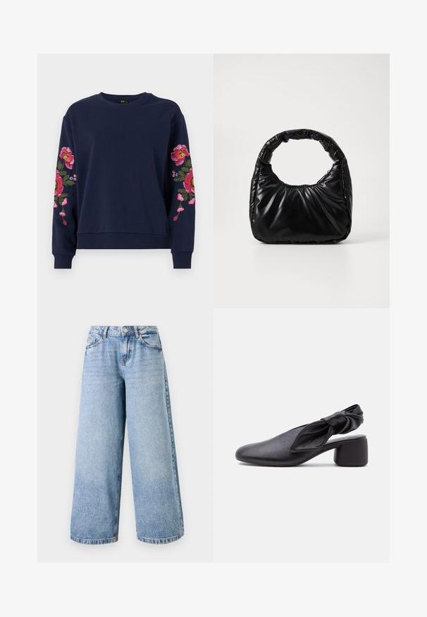 Sweatshirt bleu marine avec une vibrante broderie florale sur les deux manches. Fabriqué en tissu doux avec des poignets et un ourlet côtelés.; Jean bleu clair à jambes larges en denim, avec une taille haute, une fermeture à glissière et un design à cinq poches. Coutures visibles le long des jambes.; Chaussure slingback en cuir noir avec bout arrondi, détail de bride nouée et petit talon carré sur fond blanc.; Sac à main noir rembourré avec une poignée arrondie, présentant une surface lisse et brillante ainsi qu'une texture douce et matelassée. Pas de quincaillerie ou d'accents visibles.