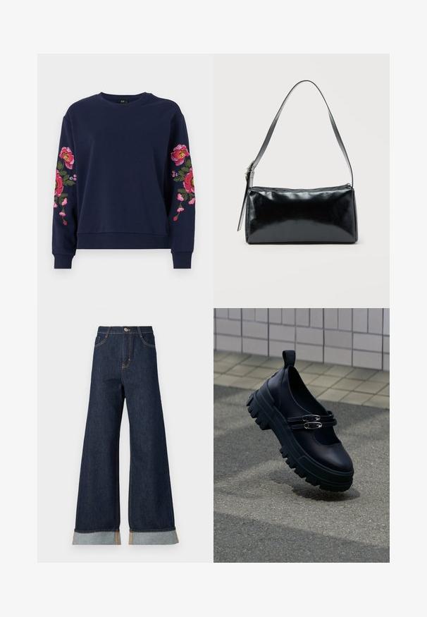 Sweatshirt bleu marine avec une vibrante broderie florale sur les deux manches. Fabriqué en tissu doux avec des poignets et un ourlet côtelés.; Jean en denim foncé à jambes larges avec des coutures orange, présentant une taille haute, deux poches avant et des ourlets retroussés mettant en valeur un tissu contrastant bleu clair.; Chaussure Mary Jane noire et épaisse avec double boucle argentée sur une chaussée texturée proche d’un mur carrelé.; Sac d'épaule rectangulaire noir avec une sangle réglable unique et une fermeture éclair supérieure sur un fond uni.
