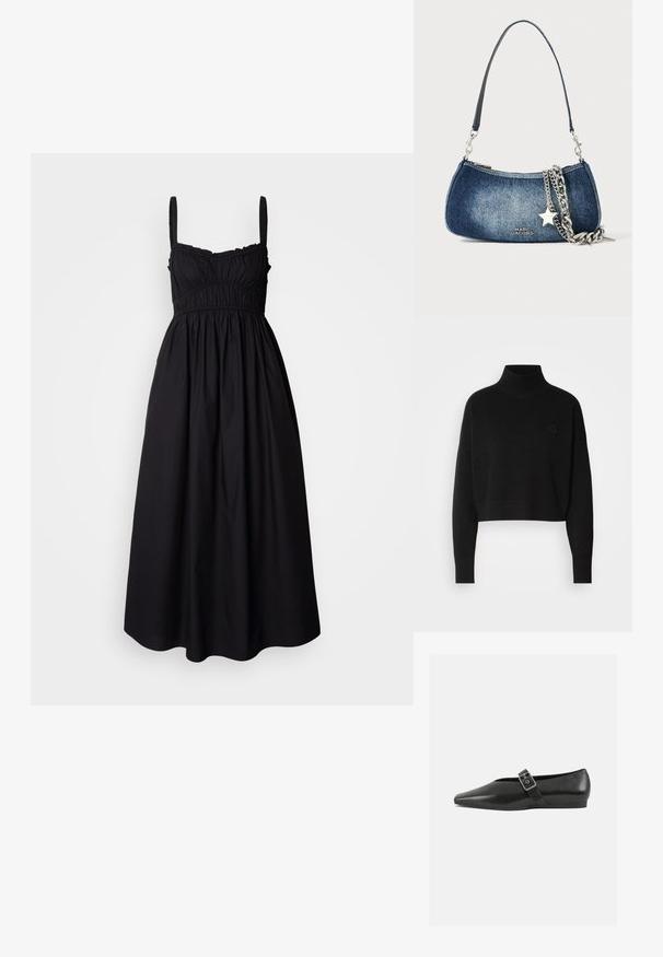 Sort cropped sweater, ribbede turtleneck, lange ærmer, strikket tekstur, med et lille logo på brystet.; Sort ærmeløs kjole med rynket overdel, elastisk talje og flydende skørt. Fremstillet af let vævning med en glat tekstur.; Sorte læder flade sko med spidse tæer, prydet med en metallisk spænde over vristen og en lav, fleksibel sål.; Denim håndtaske med rund form, mørkeblå gradient, sølv hardware, kædedetalje og logo plade foran.
