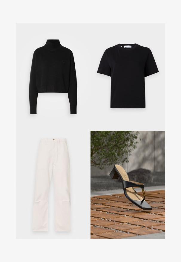 Sort cropped sweater, ribbede turtleneck, lange ærmer, strikket tekstur, med et lille logo på brystet.; Simpel sort t-shirt med korte ærmer, rund hals, afslappet pasform og lille nakkemærke.; Hvide højtaljede bukser lavet af et blødt stof, med to frontlommer, et lige ben-design og en enkelt knaplukning fortil.; Sort hælsandal med tå-loop og gyldent accent, placeret på en træ- og stenbelagt overflade udendørs nær grønne områder.