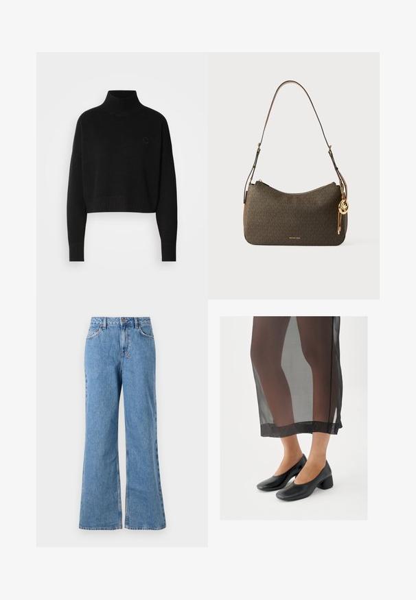 Sort cropped sweater, ribbede turtleneck, lange ærmer, strikket tekstur, med et lille logo på brystet.; Lyseblå denim wide-leg jeans med høj talje, der har en knap- og lynlåslukning, forlommer og en slidt tekstur.; Sorte sko med blokhæle og glat læderfinish, båret med et gennemsigtigt sort skørt med en ren kant og minimalistisk design.; Brun mønsteret skuldertaske med en rund form, guldfarvet hardware og en aftagelig vedhæng. Har lynlåslukning og læderrem.