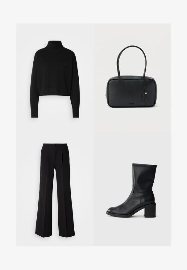 Sort cropped sweater, ribbede turtleneck, lange ærmer, strikket tekstur, med et lille logo på brystet.; Sorte bukser lavet af glat stof, med høj talje, bred ben silhuet og to frontfolder for ekstra design detaljer.; Sort læder ankelstøvle med rund tå, glat tekstur og en grov hæl, der har et tætsiddende skaft og subtil syning.; Sort rektangulær håndtaske med dobbelte runde håndtag, gylden lynlås og præget "HUGO"-logo foran med fastgjort lædermærke.