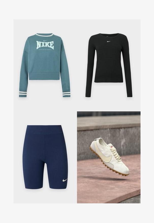 Teal long-sleeve cropped sweatshirt with white Nike logo, "ATHLETIC DEPT." text, and white-striped cuffs and neckline.; Black long-sleeve fitted top made of ribbed fabric, featuring a round neckline and a subtle white Nike logo on the chest.; Navy blue high-waist athletic biker shorts with Nike logo on left thigh against a white background.; White and beige athletic shoe with laces and gum sole hovering above a stone surface with a blurred concrete background.