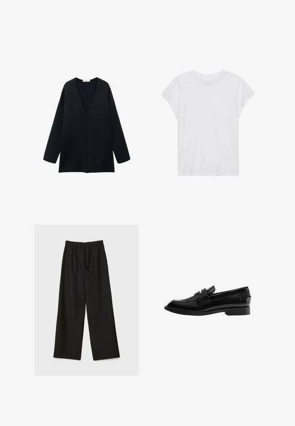 Sort, løstsiddende V-hals top med lange ærmer, lavet af blødt stof. Enkel design med lige kant og uden tydelige mønstre eller detaljer.; Hvid kortærmet t-shirt med rund hals, afslappet pasform, lavet af blødt bomuldsstof. Glat tekstur, ingen mønstre eller logoer.; Sorte brede benbukser med elastisk talje, vist fladt på en lys baggrund.; Sort læderloafer med en blank finish, let spids tå, slip-on design og en lav rektangulær hæl med syningsdetaljer.