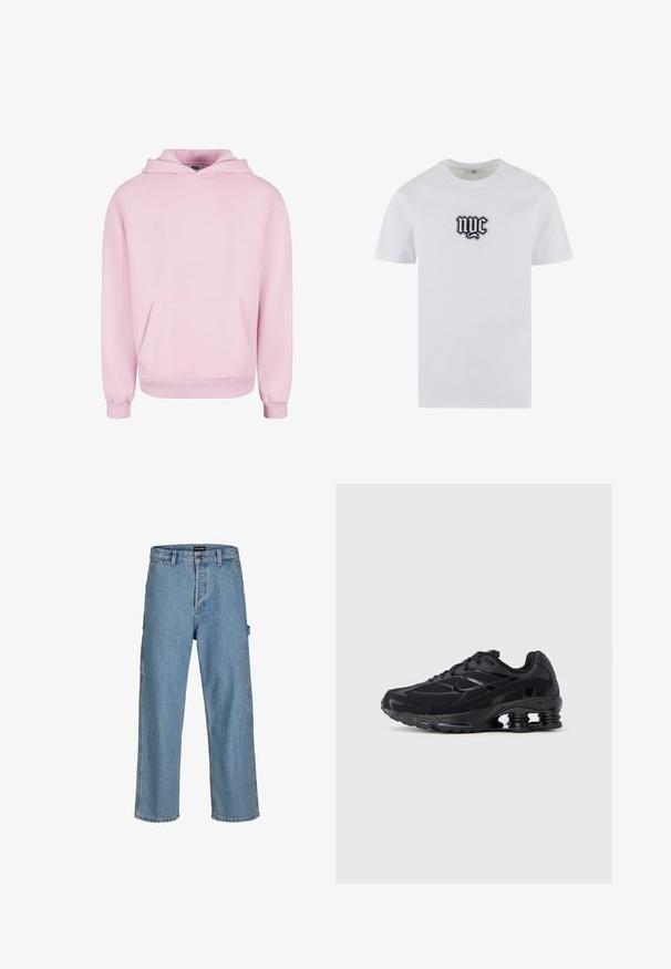 Lyserød hættetrøje lavet af blødt stof. Har en frontlomme, snor til hætten og ribbede manchetter for en tætsiddende pasform. Enkel design.; Hvid bomuld t-shirt med korte ærmer og crew neck, med et sort broderet "nyc" logo på brystet.; Lysblå denim jeans med afslappet pasform, lige ben og klassisk taljebutton. Har sidelommer og subtile syninger.; Sort atletiksko med mesh-overdel, polstret krave og markant støddæmpningsteknologi ved hælen. Har teksturerede detaljer og snørebånd.
