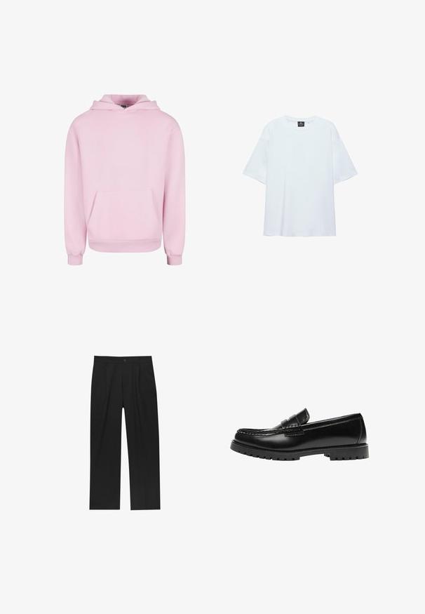 Lyserød hættetrøje lavet af blødt stof. Har en frontlomme, snor til hætten og ribbede manchetter for en tætsiddende pasform. Enkel design.; Hvid, oversized T-shirt med korte ærmer og rund halsudskæring, med en sort etiket inde i kraven på en hvid baggrund.; Sorte bukser med lige ben, lavet af et glat stof. Har frontfolder og en enkelt knaplukning i taljen.; Sort læderloafer med en kraftig gummisål og klassiske penny-strap detaljer, vist fra ydersiden.