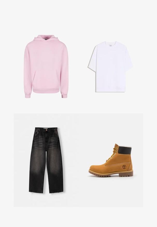 Lyserød hættetrøje lavet af blødt stof. Har en frontlomme, snor til hætten og ribbede manchetter for en tætsiddende pasform. Enkel design.; Kedelig hvid oversized T-shirt med korte ærmer og rund halsudskæring, fladt lagt på hvid baggrund.; Sorte denim bukser med vid ben, der har et falmet design, fem lommer, knaplukning og subtile slidte detaljer foran.; Brune læder ankelstøvle med metaløjer, hvid pelsforing, sort polstret krave, robust sål og præget logo på siden.