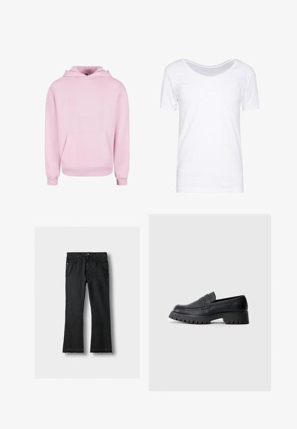 Lyserød hættetrøje lavet af blødt stof. Har en frontlomme, snor til hætten og ribbede manchetter for en tætsiddende pasform. Enkel design.; Hvid kortærmet t-shirt, rund udskæring, blød tekstur, afslappet pasform, lavet af letvægtsstof med en let strækning. Uden mønstre eller detaljer.; Sorte denimjeans med lige ben, forlommer og rå, frynset kant, lagt fladt på en lys baggrund.; Sorte læder loafers med en rund tå, prydet med en dekorativ rem og en kraftig gummisål med dybe riller for grip.