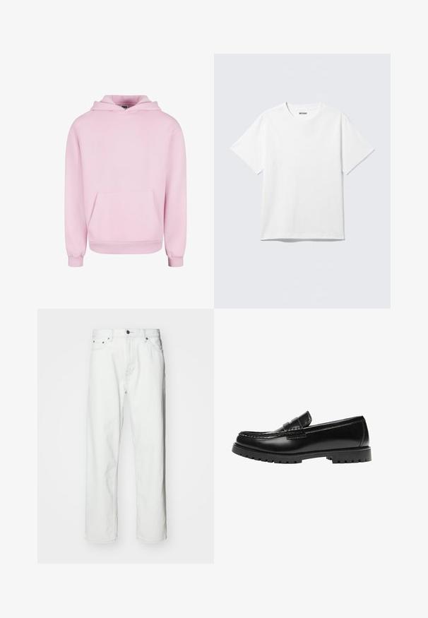 Lyserød hættetrøje lavet af blødt stof. Har en frontlomme, snor til hætten og ribbede manchetter for en tætsiddende pasform. Enkel design.; Hvid kortærmet crewneck T-shirt lagt fladt ud, ensfarvet design, med "WEEKDAY" mærkat inde i kraven på en lys baggrund.; Hvide denimbukser med lige pasform, fem-lomme design, knaplukning og subtile syninger. Glat tekstur og minimalistisk stil.; Sort læderloafer med en kraftig gummisål og klassiske penny-strap detaljer, vist fra ydersiden.