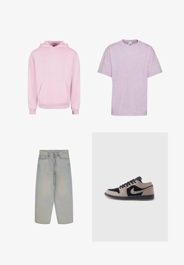 Lyserød hættetrøje lavet af blødt stof. Har en frontlomme, snor til hætten og ribbede manchetter for en tætsiddende pasform. Enkel design.; Lyse lilla kortærmet t-shirt lavet af blødt stof, med et lille hvidt logo på brystet. Casual, løs pasform. Simpelt design.; Lyseblå denimjeans med en afslappet pasform, høj talje, forlommer og synlige sømme. Lige ben-design uden dekorationer.; Lavhælet sneaker med beige og sorte læderpaneler, sorte snørebånd og en gummisål, vist i sideprofil på en hvid baggrund.
