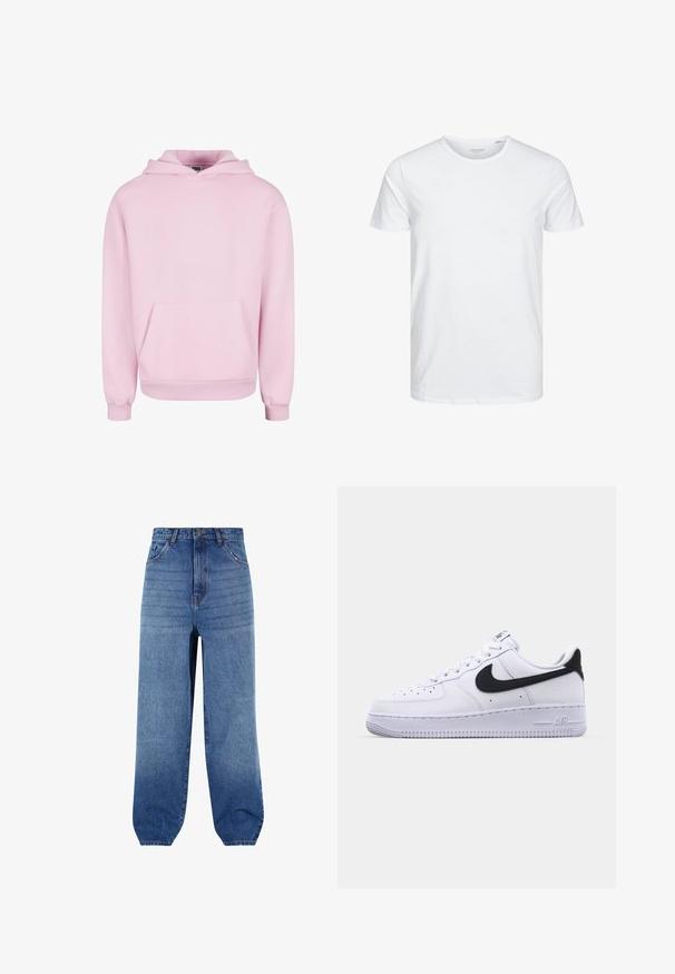 Lyserød hættetrøje lavet af blødt stof. Har en frontlomme, snor til hætten og ribbede manchetter for en tætsiddende pasform. Enkel design.; Rundhals kortærmet t-shirt i ensfarvet hvid, lavet af blød bomuld, har et simpelt design uden synlige mønstre eller detaljer.; Lyseblå denimjeans med høj talje, løs pasform og snævre manchetter. Har fem lommer og diskret falmning langs fronten.; Hvide lædersneakers med en struktureret sort Swoosh, flade snørebånd og en gummisål med et rillemønster. "AIR" er præget på hælen.
