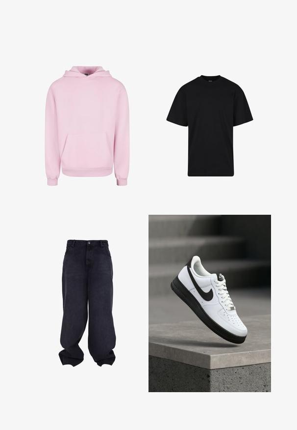 Lyserød hættetrøje lavet af blødt stof. Har en frontlomme, snor til hætten og ribbede manchetter for en tætsiddende pasform. Enkel design.; Sort T-shirt med korte ærmer og rund hals, afslappet pasform, ensfarvet design uden synlige logoer eller mønstre.; Sorte oversized løstsiddende jeans med knap- og lynlåsfrontlukning, forlommer og løse, brede ben.; Hvid lædersneaker med sorte detaljer, rundet tå og perforerede detaljer. Sort gummisål med tekstureret mønster og snørelukning.
