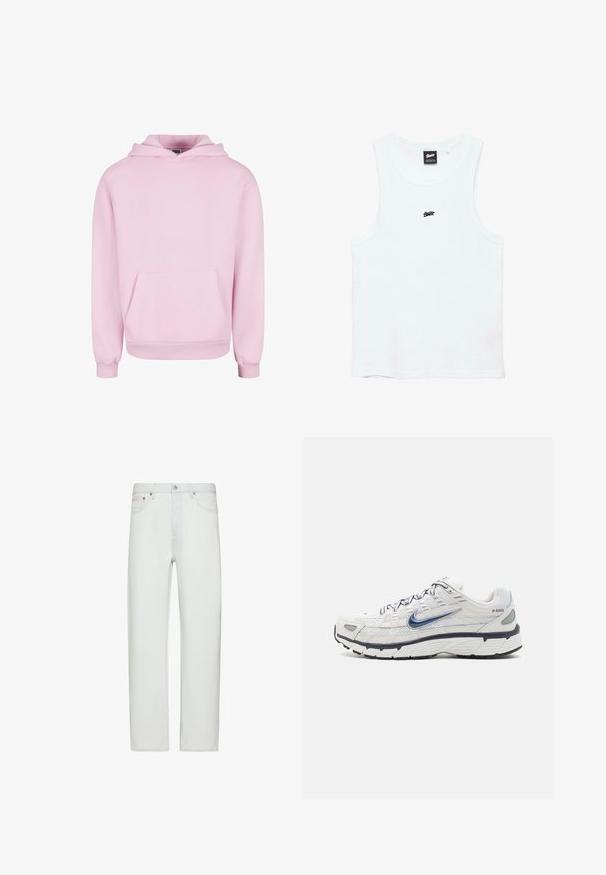 Lyserød hættetrøje lavet af blødt stof. Har en frontlomme, snor til hætten og ribbede manchetter for en tætsiddende pasform. Enkel design.; Hvid ærmeløs ribstrikket tank top med lille sort logo centreret på brystet og sort mærke inde i halsudskæringen.; Hvide jeans med høj talje og lige ben, med knap- og lynlåslukning foran, bæltestropper og forlommer.; Nike Sportswear P 6000 - Sneakers - phantom/obsidian/summit white/white/black/metallic silver