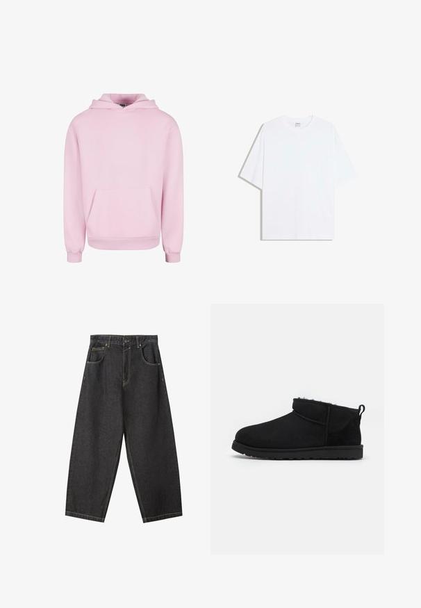 Lyserød hættetrøje lavet af blødt stof. Har en frontlomme, snor til hætten og ribbede manchetter for en tætsiddende pasform. Enkel design.; Hvid oversized bomulds t-shirt med rund hals og korte ærmer; glat tekstur, uden synlige mønstre eller accenter.; Sorte denim brede bukser med gule sømme, fem-lomme-design og en mid-rise talje. Struktureret stof med en glat overflade.; Sorte ruskind ankelstøvler med en blød, tekstureret foring, lavprofilgummi sål og en løkke bagpå for nem påtagning.