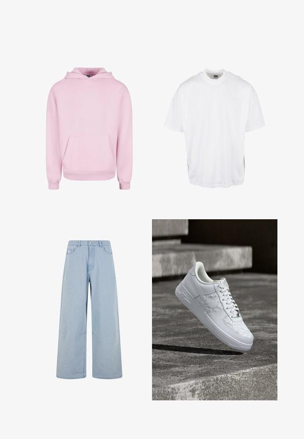 Lichtroze hoodie van zacht materiaal. Heeft een voorzak, een capuchon met trekkoord en geribbelde mouwen voor een snug fit. Eenvoudig ontwerp.; Witte katoenen t-shirt met een relaxte pasvorm, korte mouwen en een ronde halslijn, met een rechte zoom en geen zichtbare grafische afbeeldingen of patronen.; Lichtblauwe wijde jeans van denim, met een hoge taille, een knoopsluiting en voorzakken. Het ontwerp bevat subtiele stikdetails.; Witte Nike Air Force 1 sneaker met gegraveerde sterrenpatronen en een metalen ster-veterbedel, zwevend boven een betonnen oppervlak.