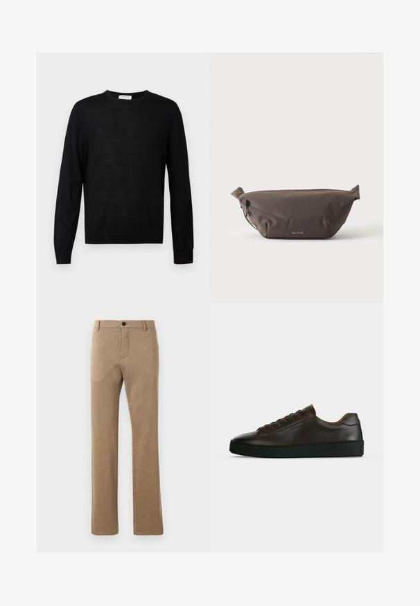 Pull noir à manches longues en tissu doux, avec un col rond, des poignets côtelés et un ourlet droit. Design minimaliste, sans motifs.; Pantalon marron ajusté, fabriqué dans un tissu texturé avec une coupe droite, présentant une fermeture à bouton à l'avant et des poches latérales.; Baskets basses en cuir marron foncé avec semelle en caoutchouc noire, lacets à l'avant et design minimaliste épuré sur fond clair.; Sac banane en tissu marron foncé avec poche zippée en diagonale et petit logo blanc sur le devant, sur un fond clair uni.