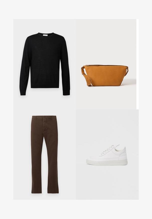 Pull noir à manches longues en tissu doux, avec un col rond, des poignets côtelés et un ourlet droit. Design minimaliste, sans motifs.; CLOSED CLIFTON TRUE - Chino - espresso brown; Baskets en cuir blanc avec un embout arrondi, une semelle plate et un laçage à l'avant. Présentent des détails de couture et un col rembourré pour plus de confort.; Sac bandoulière en cuir marron clair avec sangle réglable et fermeture éclair, présenté sur un fond clair uni.