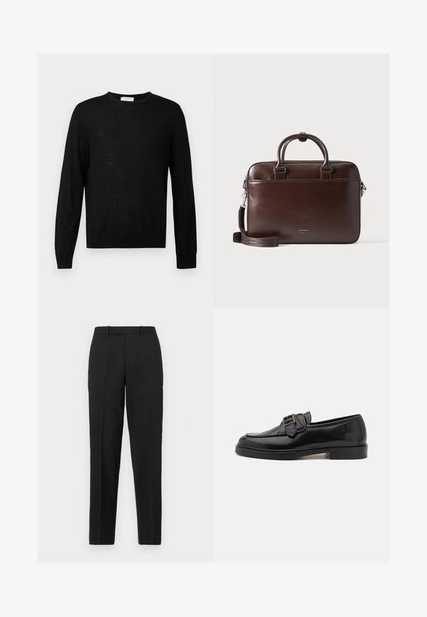Black long-sleeve sweater made from soft fabric, features a round neckline, ribbed cuffs, and a straight hem. Minimalist design, no patterns.; Theory STRAIGHT - Trousers - deep black; Black leather loafers featuring a rounded toe and a decorative buckle accent. Flat, solid heel and smooth texture throughout.; Dark brown leather briefcase with dual handles and detachable shoulder strap, rectangular shape, smooth texture, and front pocket.