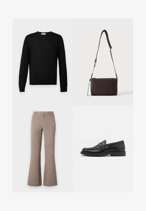 Black long-sleeve sweater made from soft fabric, features a round neckline, ribbed cuffs, and a straight hem. Minimalist design, no patterns.; Beige flared trousers made of a textured fabric, featuring a zip closure and side pockets for functionality. Tailored design.; Black leather loafers with a rounded toe, featuring gold hardware accent and stitching detail, set on a low, textured rubber sole.; Dark brown textured leather crossbody bag with adjustable strap and small decorative blue accent on the side.