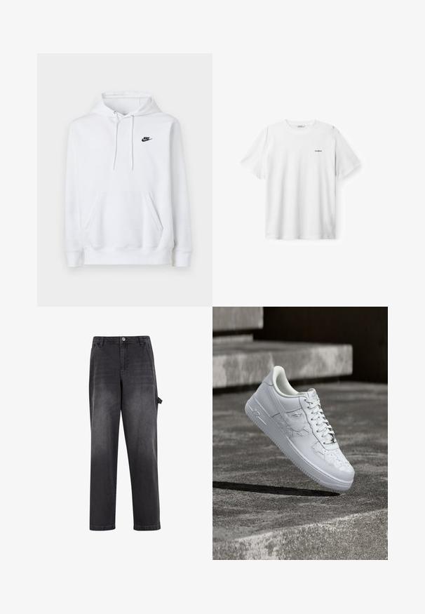 Witte hoodie met voorzak, trekkoord in de kap en klein zwart Nike-logo op de linkerborst.; Witte T-shirt met korte mouwen en ronde hals, met klein zwart "GABBA"-logo op de linkerborst, afgebeeld op een effen witte achtergrond.; Zwarte denim jeans met een ontspannen pasvorm, voorzien van een knoopsluiting, riemlussen en een zijzak. Soepele textuur met vervaagde details.; Witte Nike Air Force 1 sneaker met gegraveerde sterrenpatronen en een metalen ster-veterbedel, zwevend boven een betonnen oppervlak.