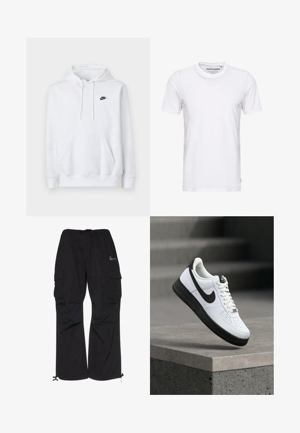 Hvid hættetrøje med frontlomme, snøre i hætten og lille sort Nike-logo på venstre bryst.; Hvid t-shirt med korte ærmer lavet af bomuld, med en rund hals og et enkelt design. Brandtag synlig på halsområdet. Ingen mønstre eller accenter.; Sorte cargobukser lavet af letvægtsstof, med elastisk talje med snøre, sidelommer og justerbare manchetter.; Hvid lædersneaker med sorte detaljer, rundet tå og perforerede detaljer. Sort gummisål med tekstureret mønster og snørelukning.