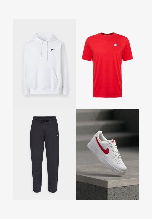Weißes Kapuzen-Sweatshirt mit Kängurutasche vorne, Kordelzug an der Kapuze und kleinem schwarzen Nike-Logo auf der linken Brust.; Rotes Baumwoll-T-Shirt mit Rundhalsausschnitt und kurzen Ärmeln, featuring ein weißes Nike-Logo auf der linken Brustseite. Glatte Textur und lässiges Design.; Schwarze Sweatpants aus weichem Stoff mit elastischem Bund, Kordelzug und kleinem Nike-Logo auf dem linken Oberschenkel.; Weißer Nike Air Force 1 Sneaker mit rotem Swoosh-Logo, der über einer Betonbrüstung und Treppen im Hintergrund schwebt.